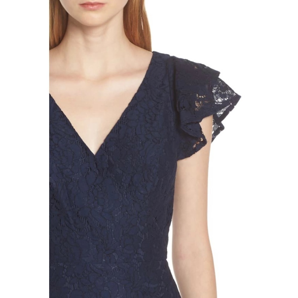 ALI & JAY Dress XS Lace and Paper Flowers Wrap Midi Ruffle Sleeve Navy Blue - Picture 6 of 12